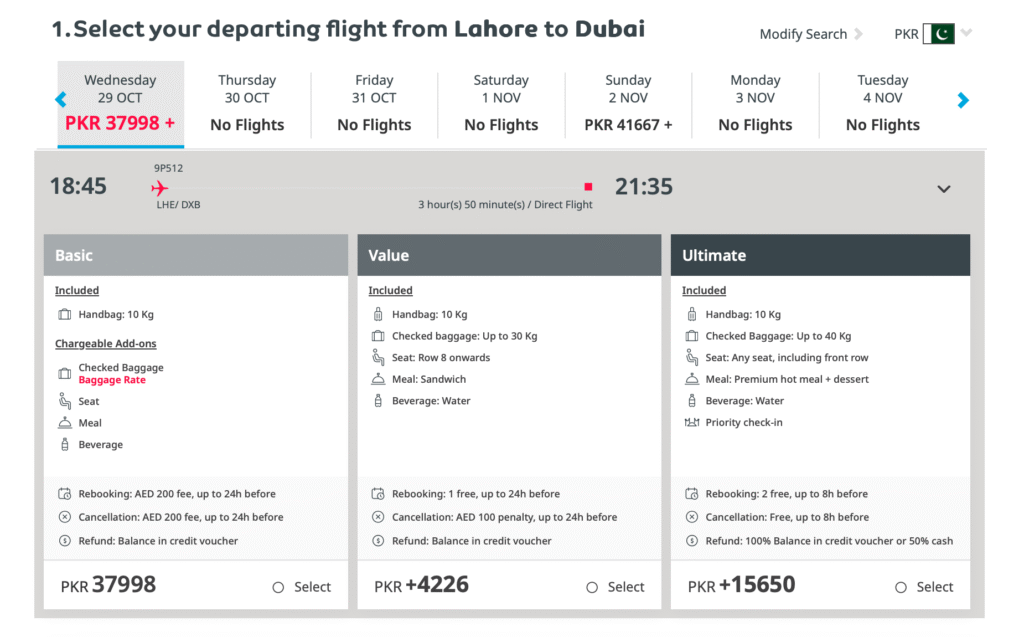 flyjinnah departing flight from lahore to dubai